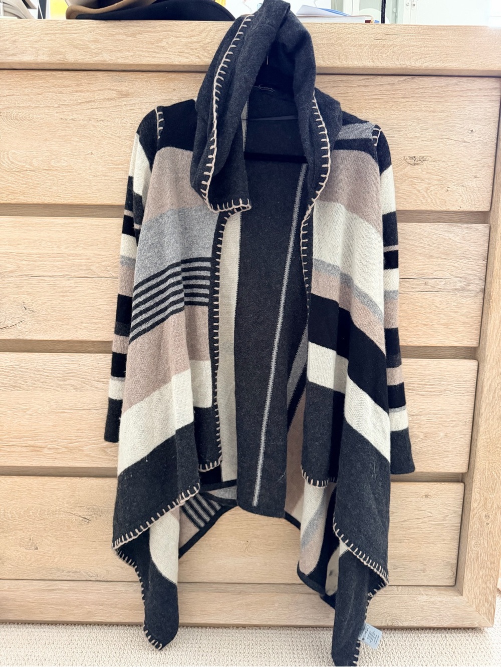 100 % Cashmere Striped Hooded Open-Front Cardigan Wrap - Black, Gray, Cream,
